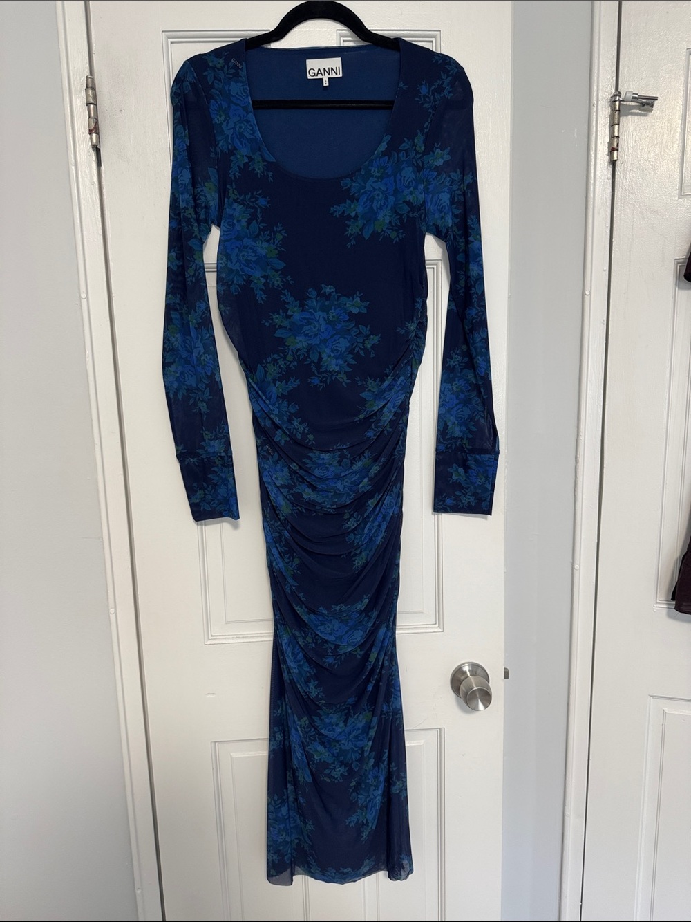 Ganni Dark Blue Floral Ruched Long Sleeve Maxi Dress